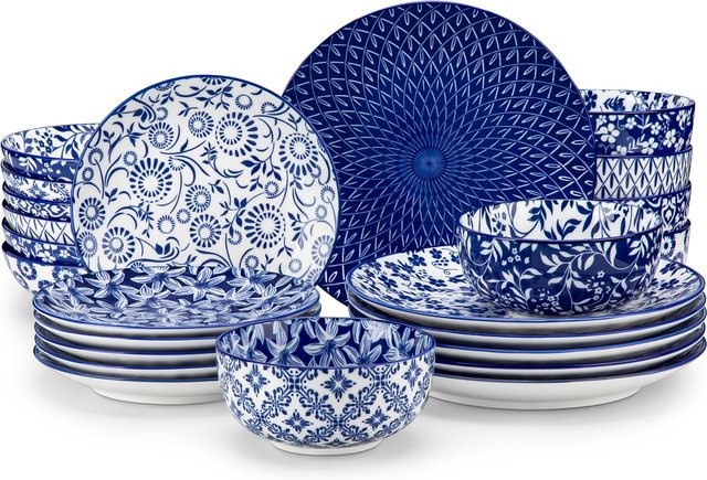 Vancasso 24-teiliges Porzellan-Geschirrset in Blau-Weiß mit floralem Design für 6 Personen - Bild 1