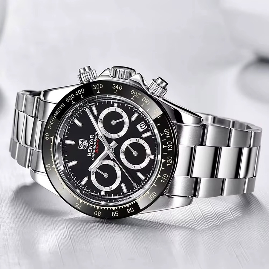 BENYAR Chronograph Armbanduhr, Quarz, Edelstahl, Schwarz, Herren - Bild 6