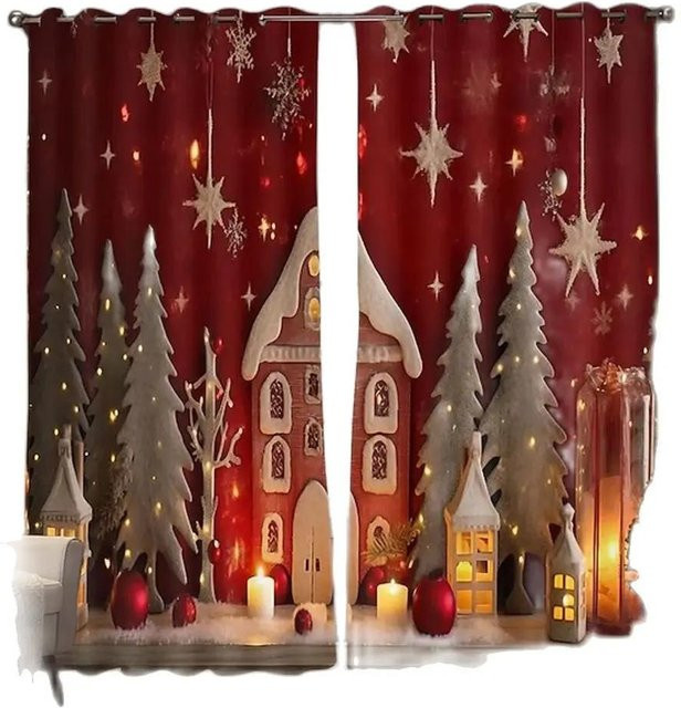 2er-Set Weihnachtsvorhang mit Schneenacht-3D-Druck, Verdunkelungsvorhang für Schlafzimmer und Wohnzimmer, Rot, B: 80 cm, H: 184 cm - Bild 1