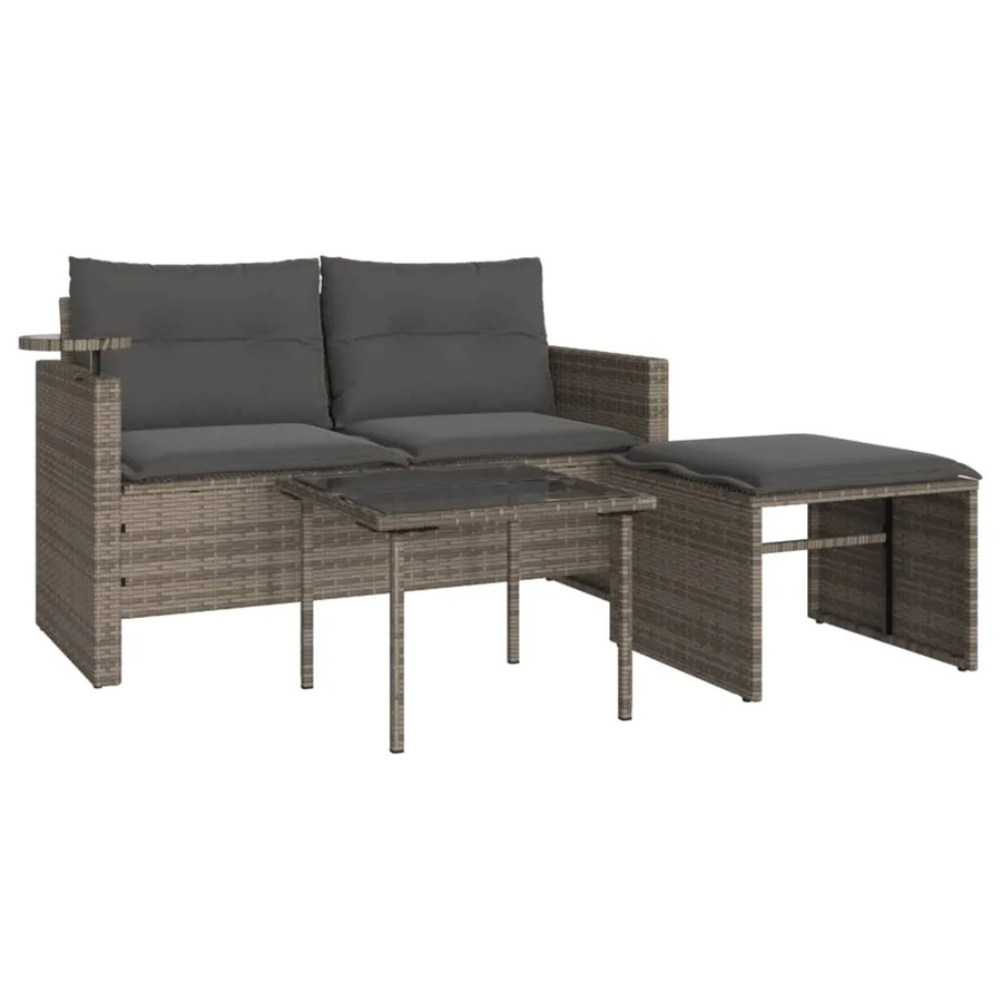 vidaXL 3-tlg. Garten-Sofagarnitur aus Poly-Rattan mit Kissen und Hartglas in Grau - Bild 2