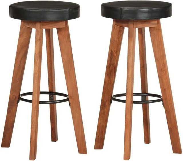 vidaXL Barhocker 2er Set aus Echtleder und Akazienmassivholz in Schwarz und Braun im Retro-Design - Bild 1
