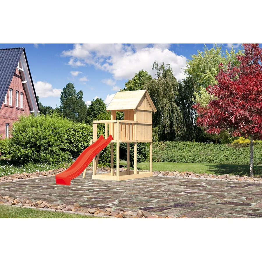 Karibu Kinderspielhaus Frieda Set mit Anbau und Rutsche in Natur und Rot - Bild 2