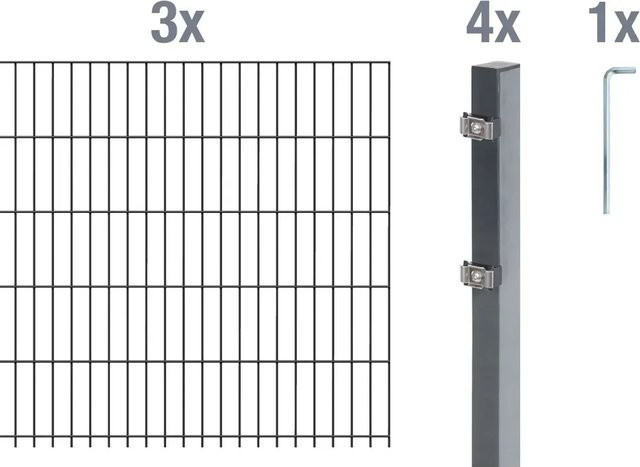 Metallzaun Doppelstabmatte Grund-Set aus Stahl, anthrazit beschichtet, B: 3 m, H: 2 m, Tiefe: 0,8 m - Bild 1
