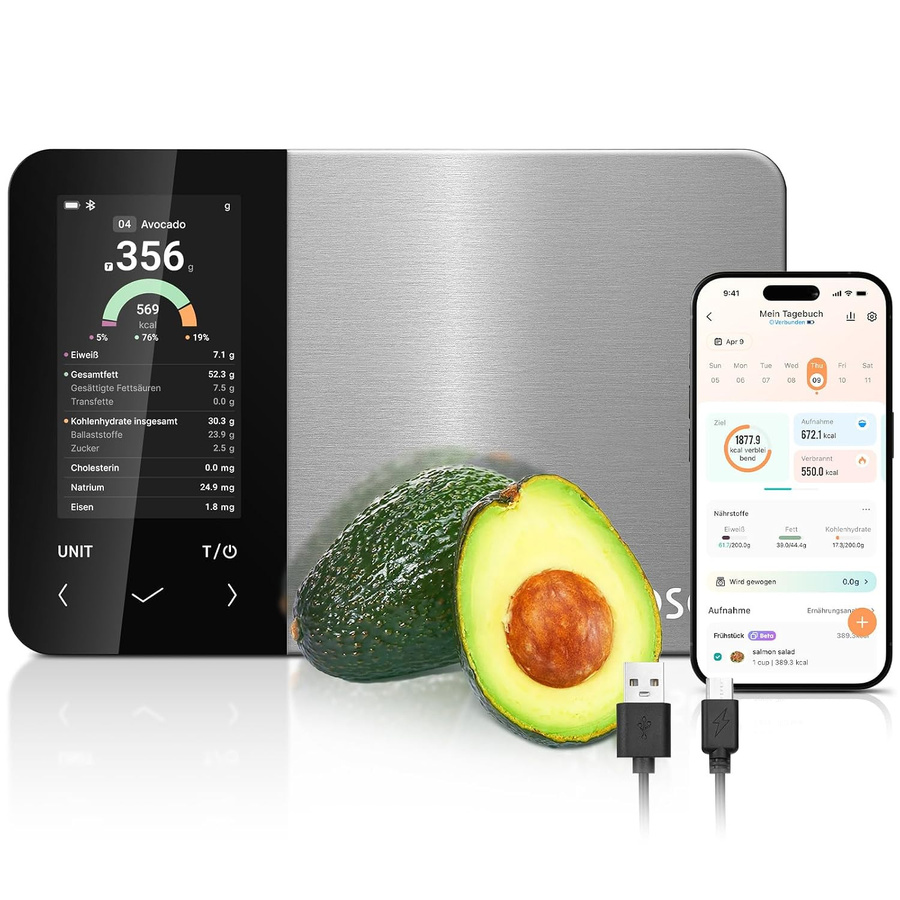 COSORI NutriLens Smarte Küchen- und Ernährungswaage in Silber aus Edelstahl mit App-Steuerung - Bild 1