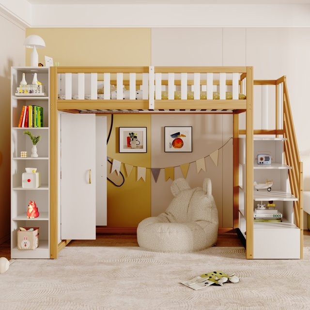 KOMHTOM Multifunktionales Hochbett in Weiß mit Regalen, großem Kleiderschrank und Sicherheitsleiter, B/T/H: 90 x 200 cm - Bild 1