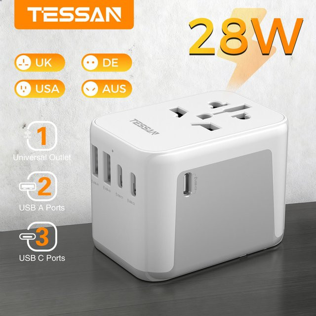 TESSAN Universal-Reiseadapter mit USB-C Anschluss für internationale Reisen in Grau oder Weiß - Bild 1