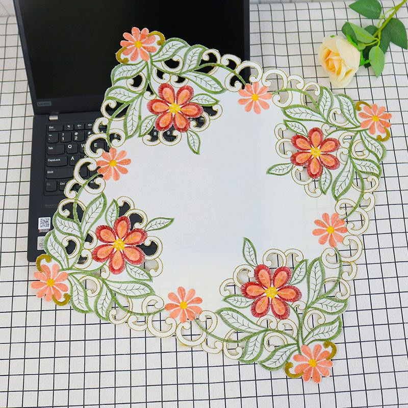 Yiran Furniture Europa Satinblumen Stickerei Tischdecke mit floralem Design, B/B: 40 x 40 cm, Pink und Orange - Bild 2