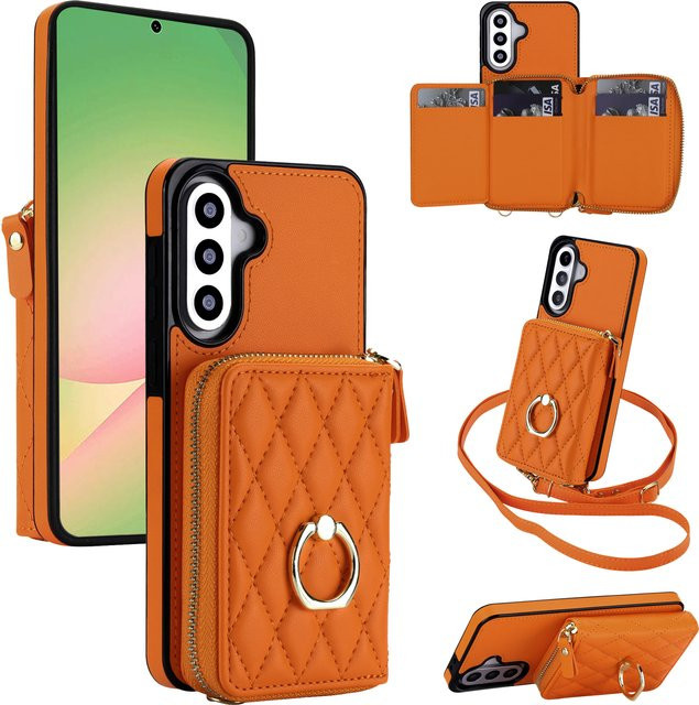 Crossbody Lanyard Kartenetui mit Reißverschluss und Lederhülle für Samsung Galaxy S26 Ultra S25 S24 S23 S22 A06 A36 mit Standfunktion in Purple und Orange - Bild 1