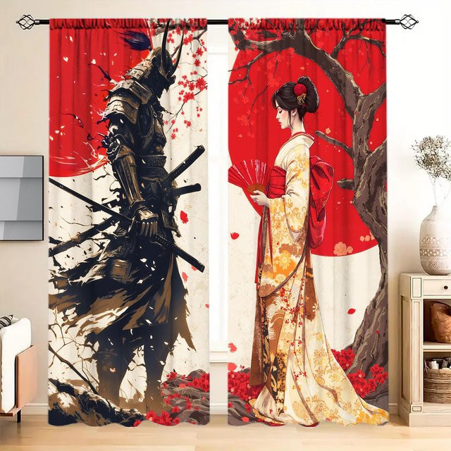 VIKAMA Japanische Samurai und Geisha Kirschblüten Halbverdunkelungsvorhänge mit Ösen, Mehrfarbig, Breite: 116 cm, Höhe: 53 cm - Bild 1