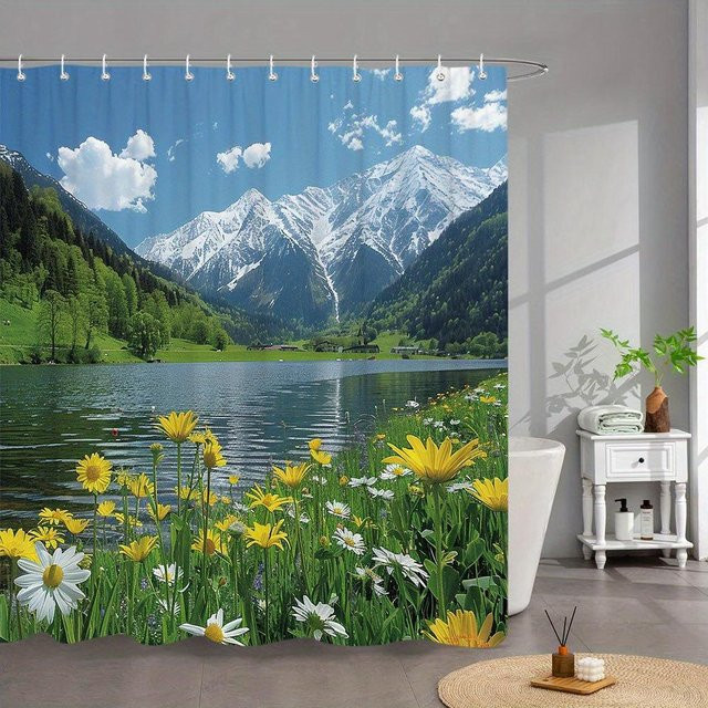 Badvorhang Alpensee von Dunika Chen in Grau mit Naturmotiv aus Polyester, Breite: 60 cm, Höhe: 190 cm - Bild 1
