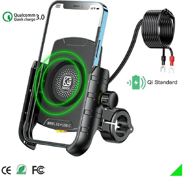 Motorrad Handyhalterung mit kabelloser Ladeschale und USB-C Anschluss in Schwarz für Smartphones von 4 bis 7 Zoll - Bild 1