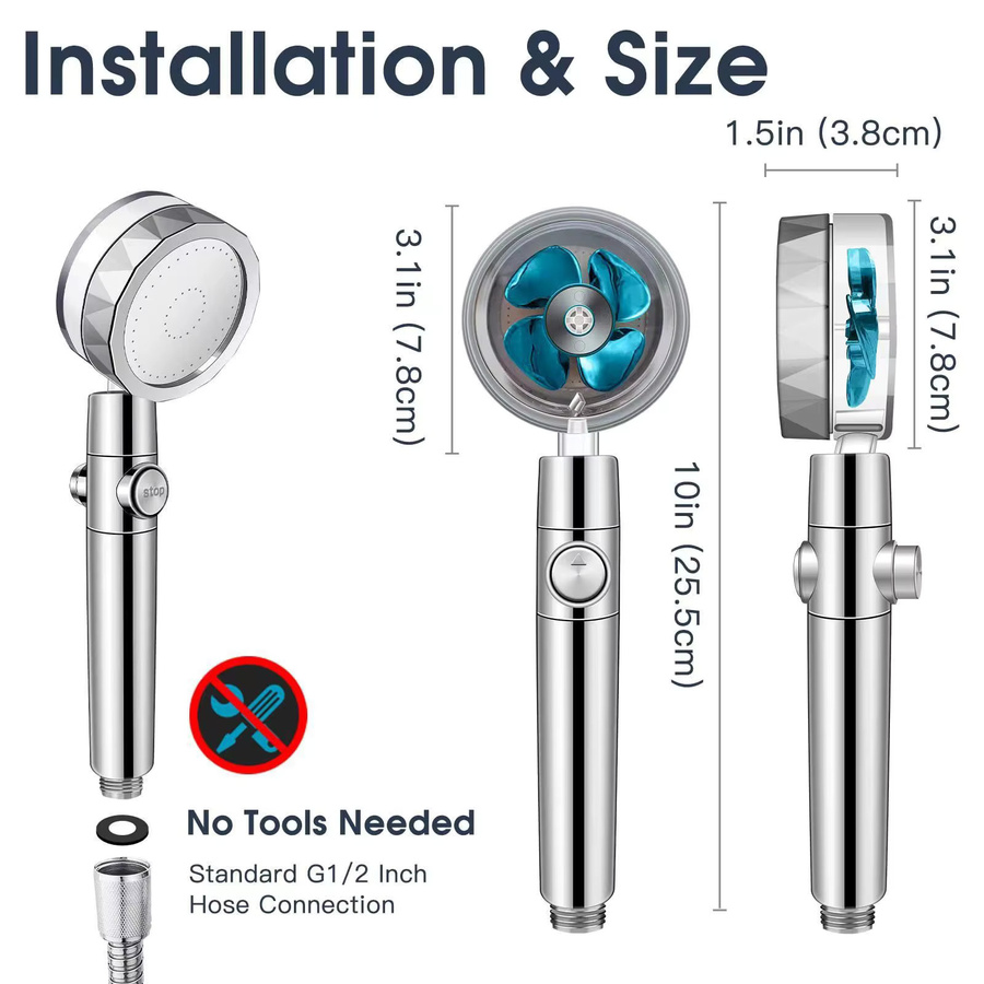 Wassersparender Hochdruck-Duschkopf mit Twin Turbo Propeller und 360 Grad Drehung in Silber/Chrom - Bild 6