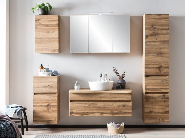 Held Möbel Waschtisch-Set Trient in Wotaneiche bestehend aus Waschtisch mit Aufsatzbecken und Spiegelschrank mit LED-Beleuchtung und Steckdose Breite: 100 cm - Bild 1
