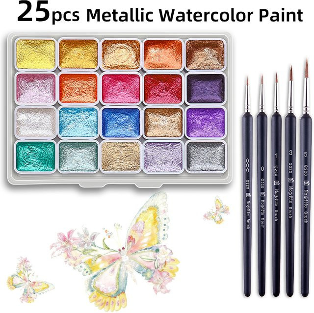 Metallic-Aquarellfarben-Set im DunHuang-Stil mit 20 Farben und 5 Detailpinseln, schimmerndes Mini-Reise-Malset in Multicolour - Bild 1