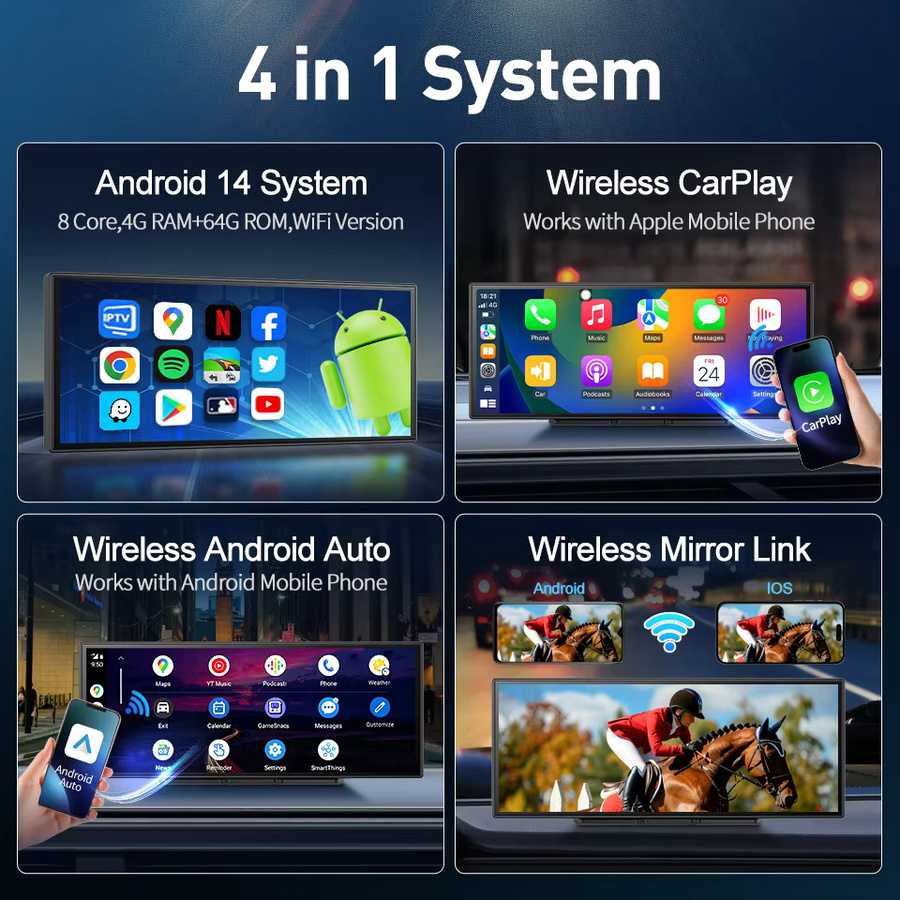 Imagebon P70 KI-Dashcam mit 11,4 Zoll Android 14 Display, 8-Kern DVR Triple-View-Kamera, Carplay und App-Unterstützung für Split-Screen, YouTube und Spotify in Schwarz - Bild 3