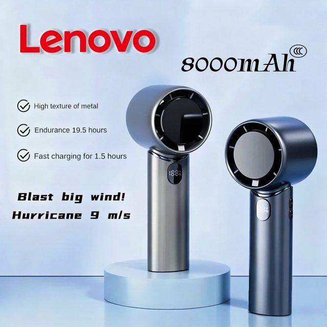 Lenovo Tragbarer USB-Ventilator Schwarz mit Digitalem Display und 8000 mAh Akku, Kabelloser Mini-Desktop-Lüfter aus Kunststoff - Bild 1