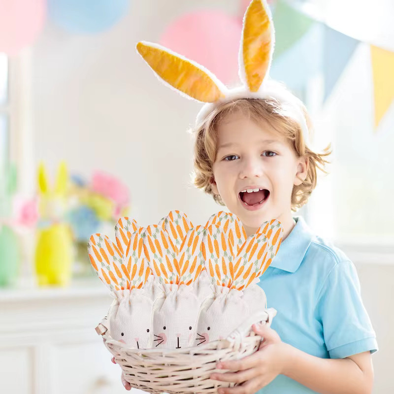 ZQNYCY Leinen Geschenktüte mit Kordelzug für Ostern in Osterhase und Karotte Design zur Süßigkeiten Verpackung für Kinder und Party Dekoration - Bild 2