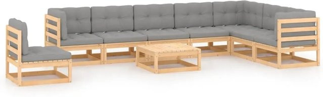 vidaXL 9-tlg Garten-Lounge-Set aus massivem Kiefernholz in L-Form mit grauen Polstern und Kissen - Bild 1