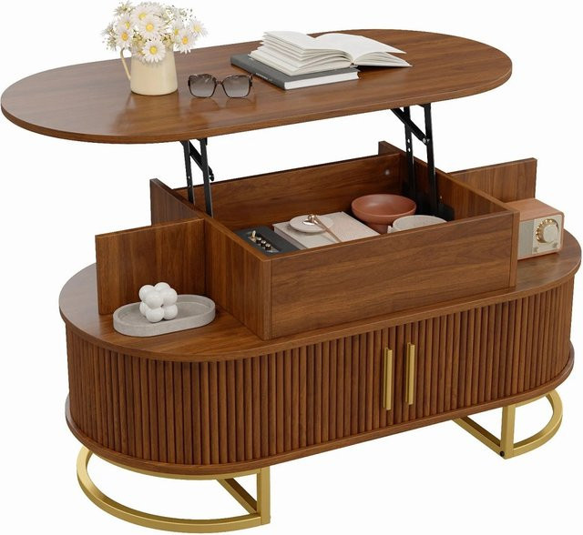 Merax Couchtisch Oval in Braun mit höhenverstellbarem Lift-Mechanismus und Schiebetür aus Holzoptik, B/T/H: 100 x 64 x 40 cm - Bild 1