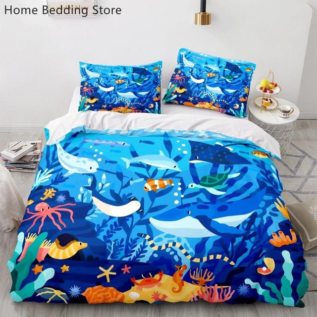 Bettwäscheset mit Cartoon Meerestieren und Dinosauriern für Kinder in Blau aus weichem Polyester, Breite: 70 cm, Länge: 133 cm - Bild 1