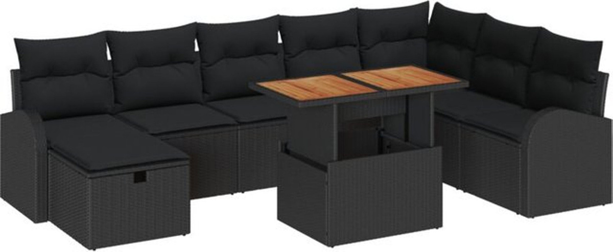 vidaXL Garten-Sofa-Set aus Polyrattan in Schwarz, 9-teiliges Loungemöbel-Set mit höhenverstellbaren Elementen - Bild 1