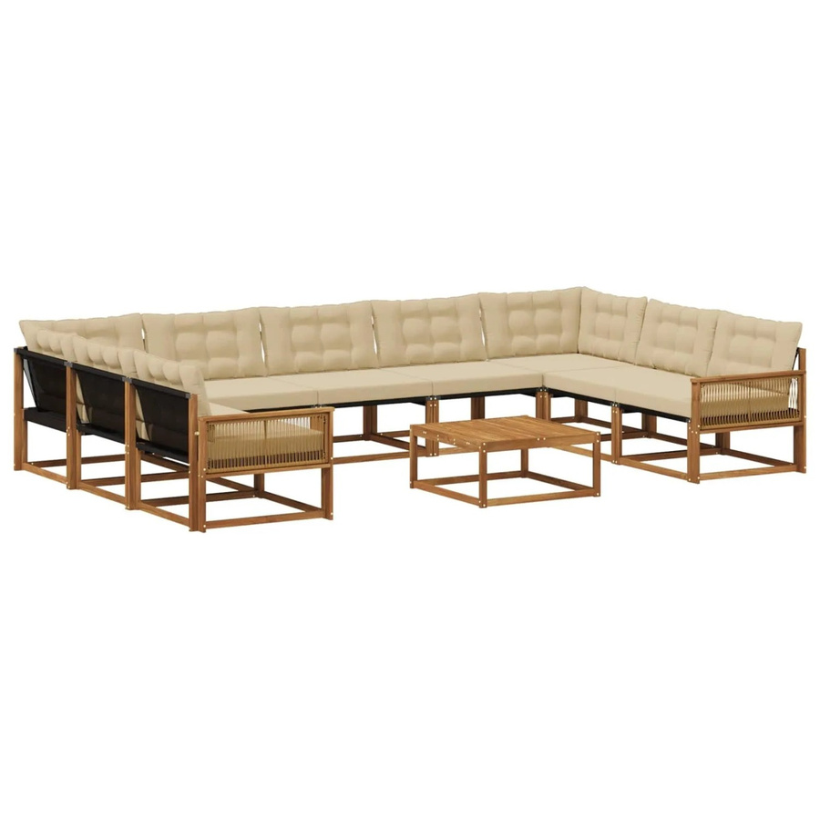 vidaXL Outdoor-Sofagarnitur L-Form aus massivem Akazienholz mit 10 Textilene-Kissen in Natur und Beige - Bild 2