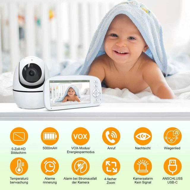 Babyphone 5 HD Videokamera mit 720P Auflösung, Bewegungserkennung, Temperaturüberwachung, 2-Wege-Kommunikation und 360 Grad Ansicht in Weiß - Bild 1