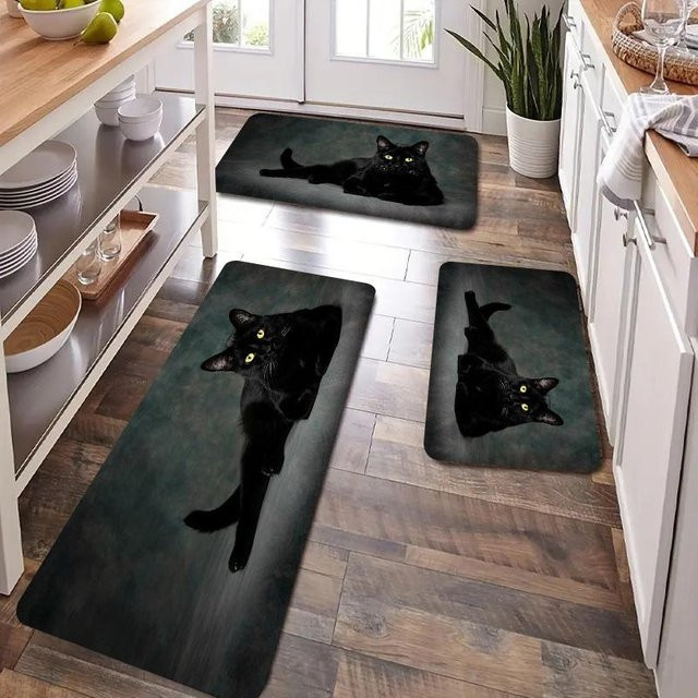 Anti-Ermüdungs-Küchenteppich mit Katzendruck in Schwarz und Weiß, wasserdicht und rutschfest, gepolsterte Küchenmatte B/B/H: 80 x 120 cm - Bild 1