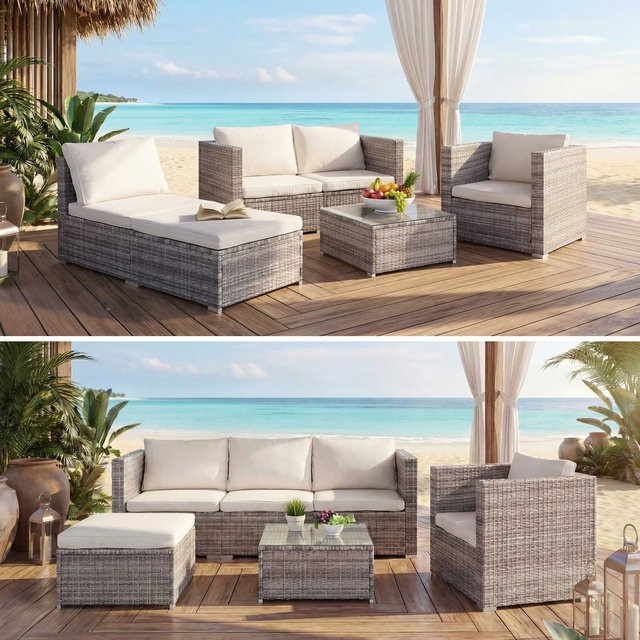 MCW Poly-Rattan-Garnitur Busto Lounge-Set in Grau mit Creme Kissen und Tisch mit Glasplatte - Bild 2