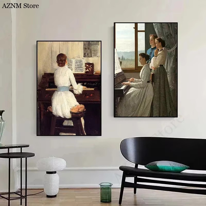 Potdemiel Vintage Leinwand Poster Mädchen am Spielklavier Mehrfarbig Wandkunst Bild ohne Rahmen - Bild 5