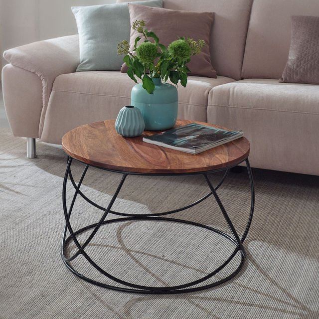 FineBuy Couchtisch aus Massivholz in Braun im Industrial-Stil, runder Wohnzimmertisch, Durchmesser: 60 cm, Höhe: 40 cm - Bild 1