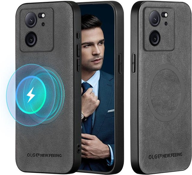 Magnetische Leder-Schutzhülle für Xiaomi 13T und Xiaomi 13T Pro in Grau mit Voll-Objektiv-Schutz und Anti-Fingerabdruck-Funktion - Bild 1