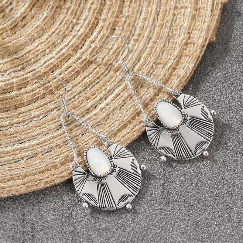 YoYo Ohrringe, Vintage, Silber, Synthetischer Mondstein, Lotus-Schnitzerei - Bild 3