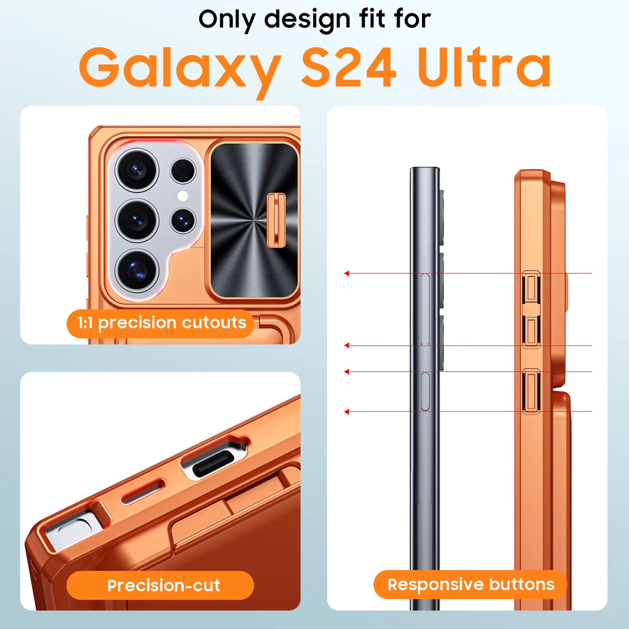 BANGZAO Handyhülle für Samsung Galaxy S24 Ultra mit Kartenhalter und RFID-Blockierung, stoßfeste Militär-Schutzhülle mit Kameraabdeckung, Orange - Bild 2