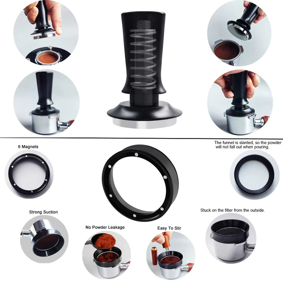 XINGZHAOHOME Espresso-Tamper Set in Schwarz mit WDT-Rührwerkzeug, Puck-Screen, Dosiertrichter und Reinigungsbürste für 51 mm, 53 mm oder 58 mm - Bild 3