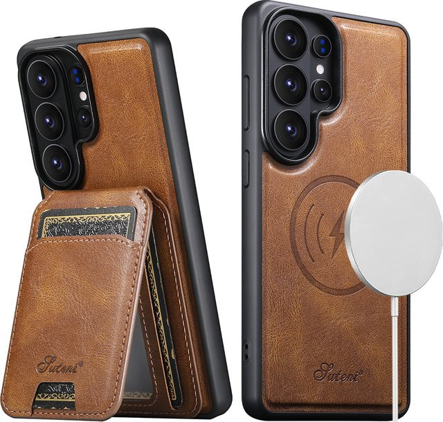 SUTENI Handyhülle aus Kunstleder mit Magnet-Kartenhalter und kabellosem Laden für Samsung Galaxy S26 Ultra und S25 Plus in Blau oder Braun - Bild 1