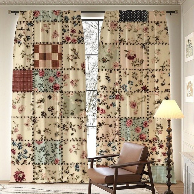 VIKAMA 2-teiliges Vorhangset mit Blumenmuster in Multicolour, verdunkelnde Gardinen mit Ösen, Breite: 137 cm, Tiefe: 45 cm - Bild 1