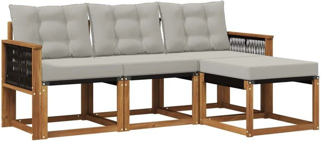 vidaXL Outdoor-Sofagarnitur L-Form aus Akazienholz und Textilene in Natur und Grau mit 4 Kissen und Armlehnen - Bild 1