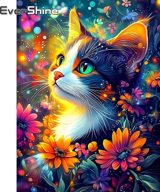 EverShine 5D Diamant Stickerei Set Katze mit Blumen Motiv, Mosaik Tier Bild als DIY Handwerk Kit, Mehrfarbig, B: 30,0 cm, H: 20,0 cm - Bild 1