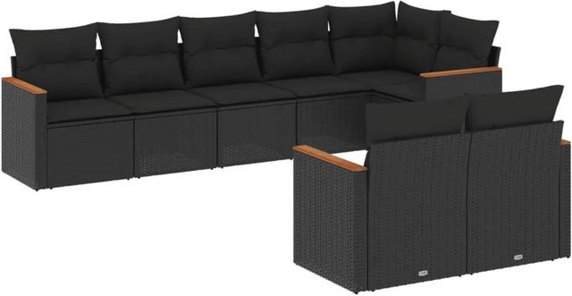 vidaXL 8-tlg Garten-Sofagarnitur in L-Form aus Polyrattan und Akazienholz mit Kissen in Schwarz - Bild 1
