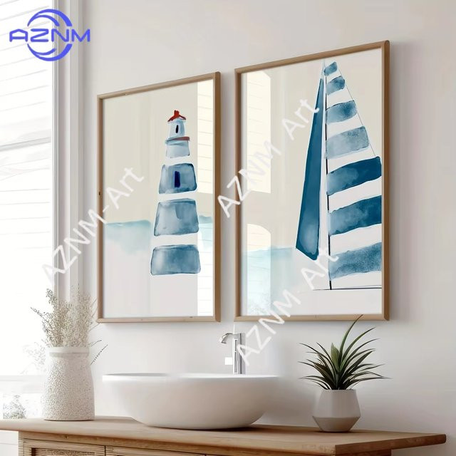 AZNM Leinwandposter im blauen Aquarell-Stil mit Sommer-Strand-Motiv, modernes abstraktes Wanddekor als rechteckiger Kunstdruck - Bild 1