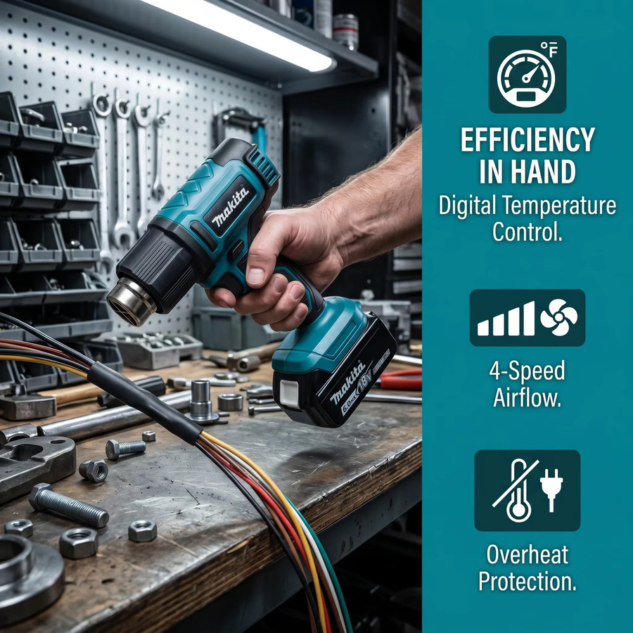 Makita 18V Bürstenloser Akku-Heißluftfön mit LCD-Digitalanzeige und 4-Gang-Luftstrom in Petrol - Bild 5