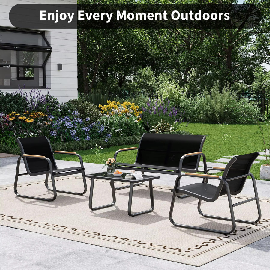 HiMISS 4-teiliges Outdoor-Lounge-Set in Schwarz mit Doppelsofa, 2 Sesseln und Couchtisch aus Glas und pulverbeschichtetem Stahl mit Textilene-Bezug und Kissen - Bild 2