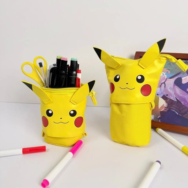 Pokemon Pikachu Federmäppchen mit großem Fassungsvermögen, einziehbares stehendes Schreibwarenbeutel in Gelb und Braun - Bild 1