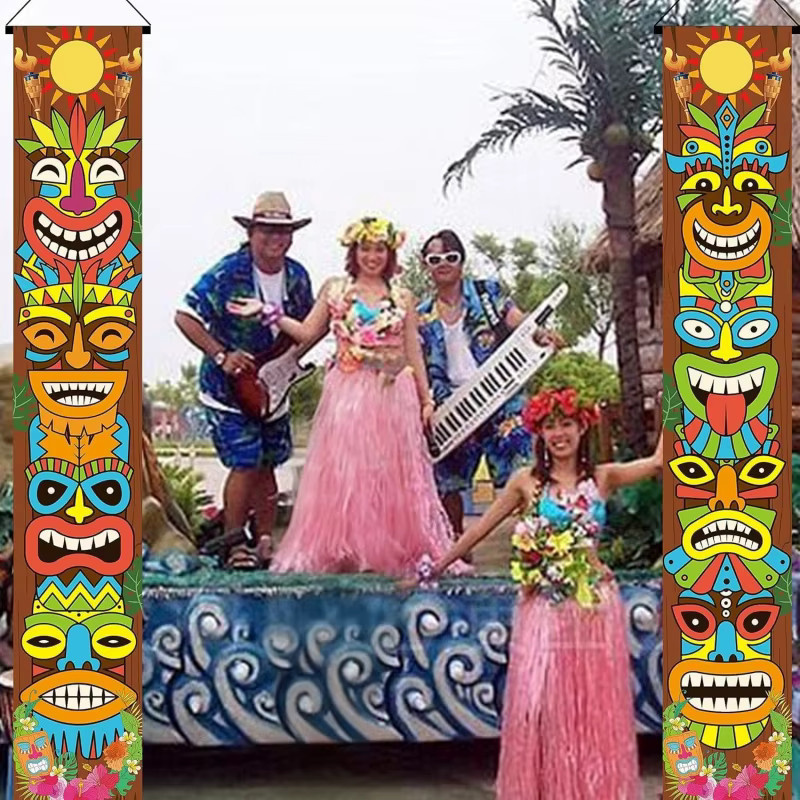 VIKAMA Tiki Totem Gate Banner Hawaiianische Tropische Party-Dekoration als hängende Kulisse für Innen und Außen, Mehrfarbig, B: 180 cm, H: 30 cm, T: 30 cm - Bild 2