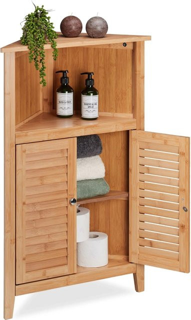 Relaxdays Eckschrank aus Bambus in Natur Braun mit Lamellentüren, H: 92 cm, B: 58 cm, T: 30 cm - Bild 1