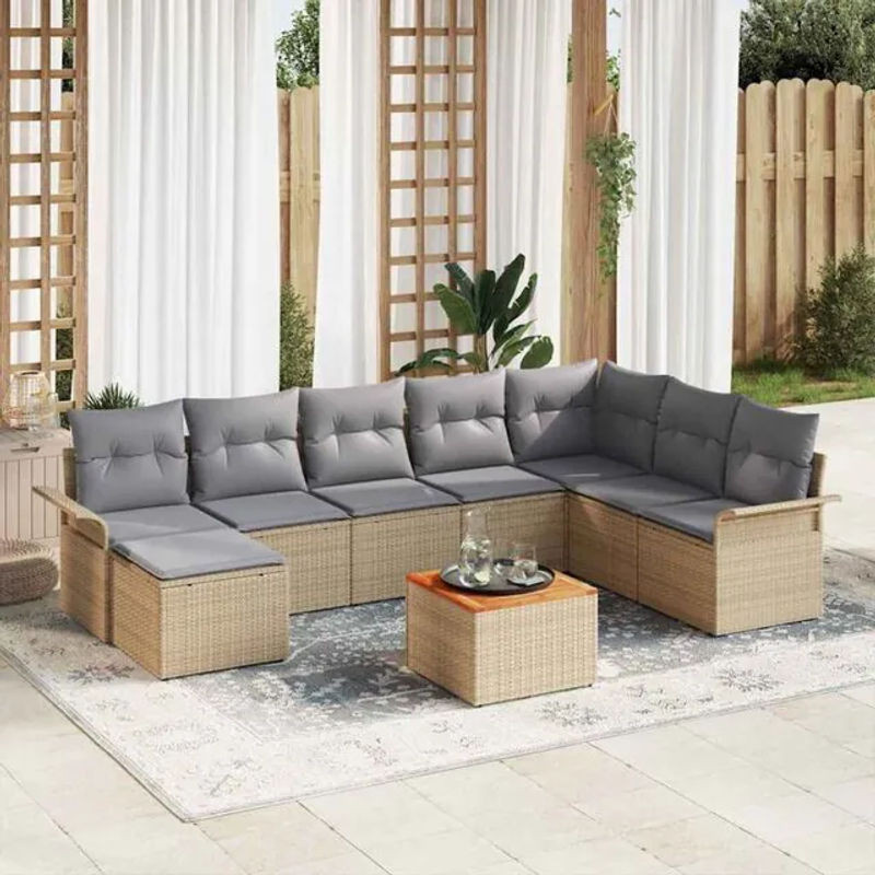 vidaXL Polyrattan Garten-Sofa-Set mit 9 Teilen und Kissen in Beige und Grau, modulares Loungemöbel-Set mit Fußhocker - Bild 1