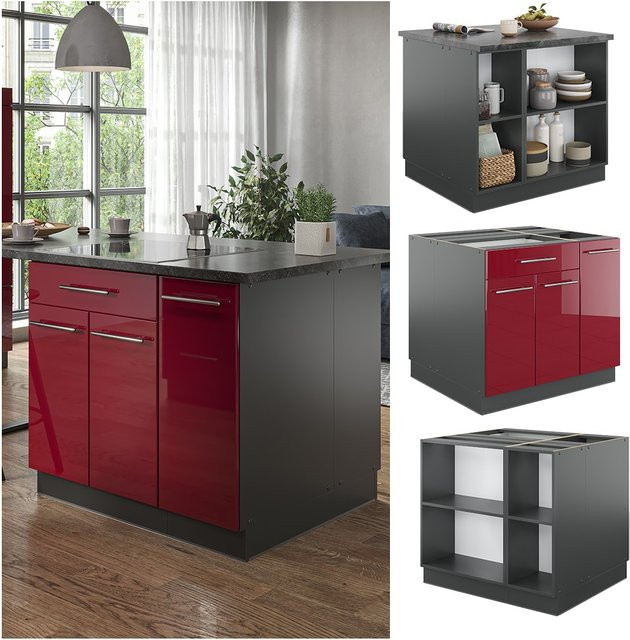Vicco Kücheninsel Fame-Line Küchenblock in Anthrazit und Bordeaux Rot mit Hochglanz-Finish und Softclose-Scharnieren, Breite: 90 cm - Bild 1