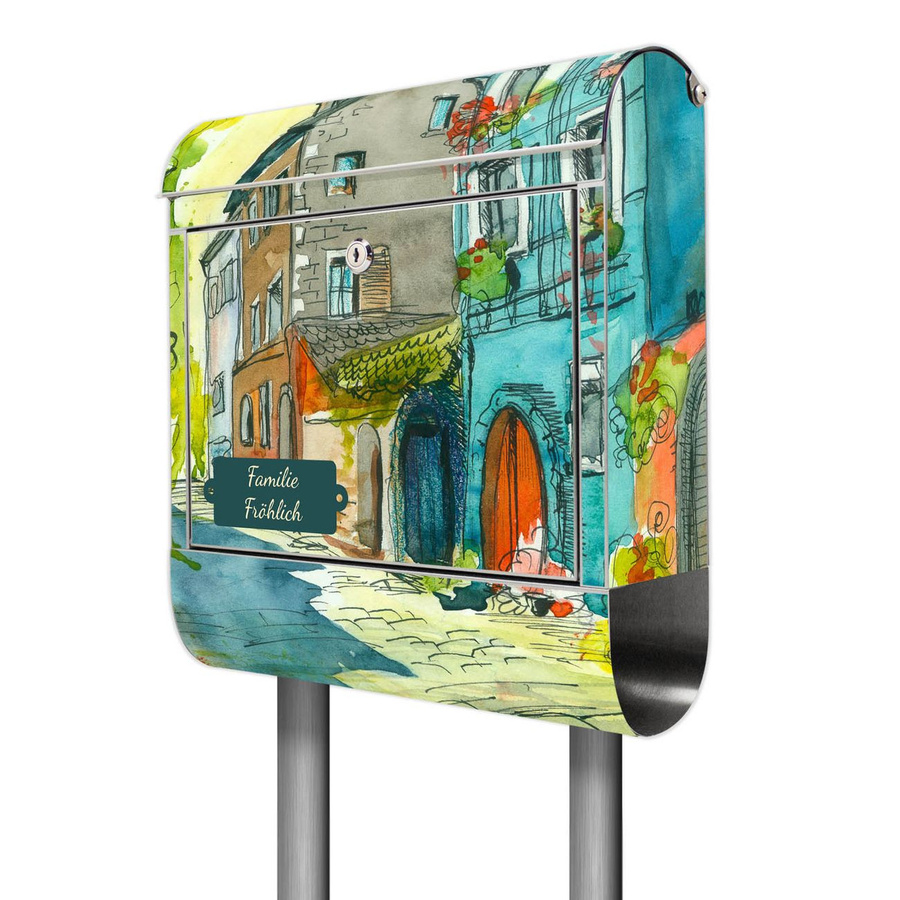 Banjado Briefkasten freistehend aus Edelstahl mit Zeitungsbox und Motiv Stadtkern, Farbe Mehrfarbig, B/T/H: 38 x 14 x 161,5 cm - Bild 1