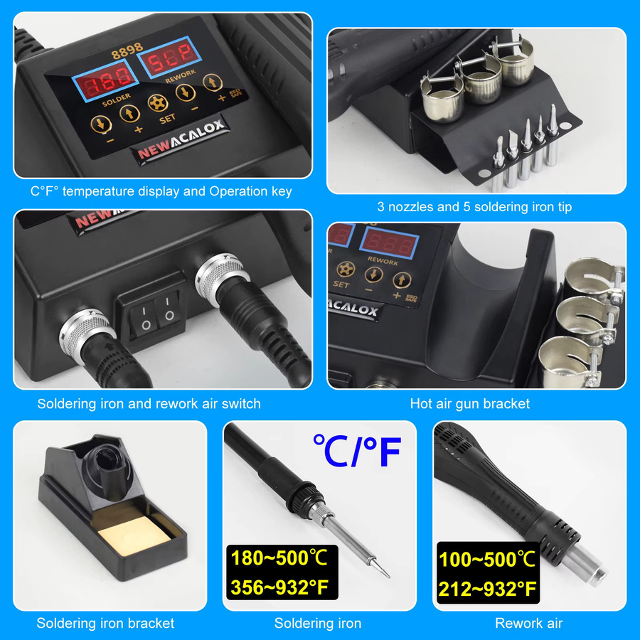 TKKEACE 2 in 1 Lötstation mit Heißluftpistole und Digitalanzeige für SMD BGA PCB Reparaturen, Schwarz - Bild 5